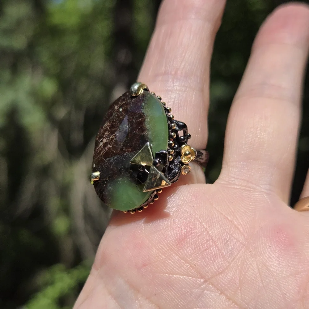 Chrysoprase 30k HUGE & Topaz sterling & gold ring sz7 - Picture 3 of 10